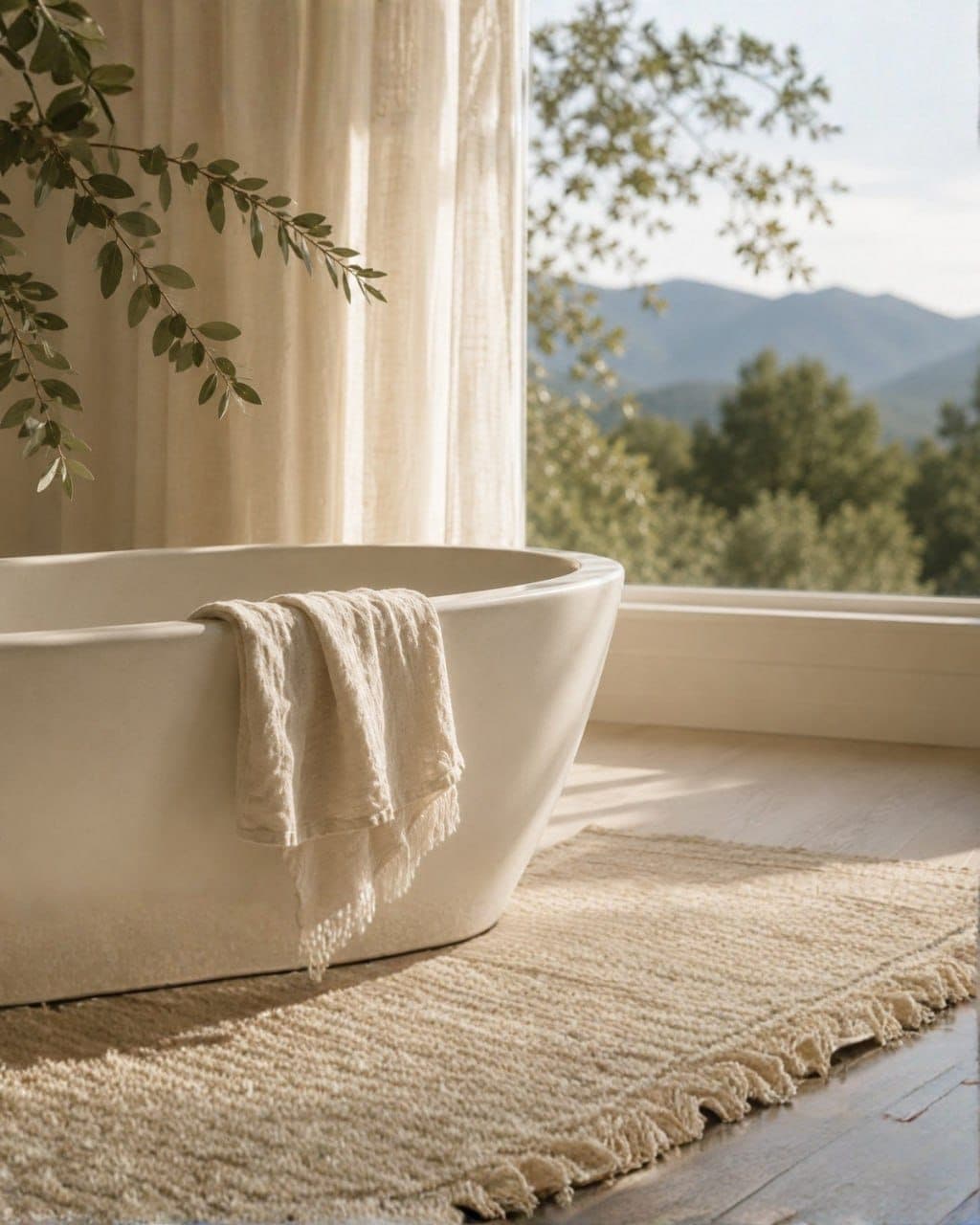 A freestanding bath with a linen towel, olive branches and a mountain view
