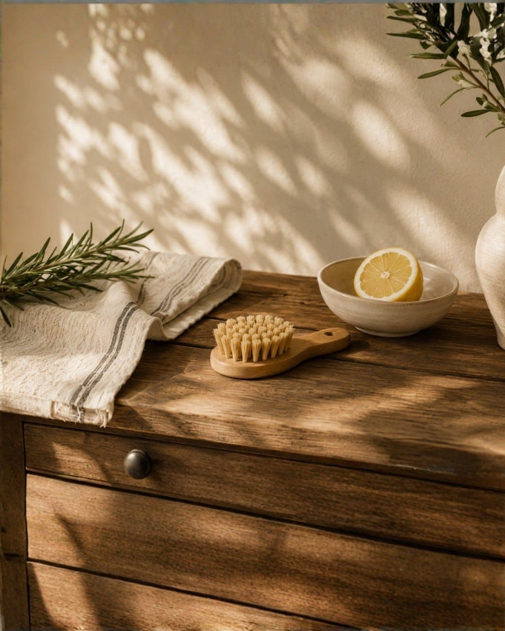 A wooden dresser with a natural bristle brush, a lemon half and fresh rosemary