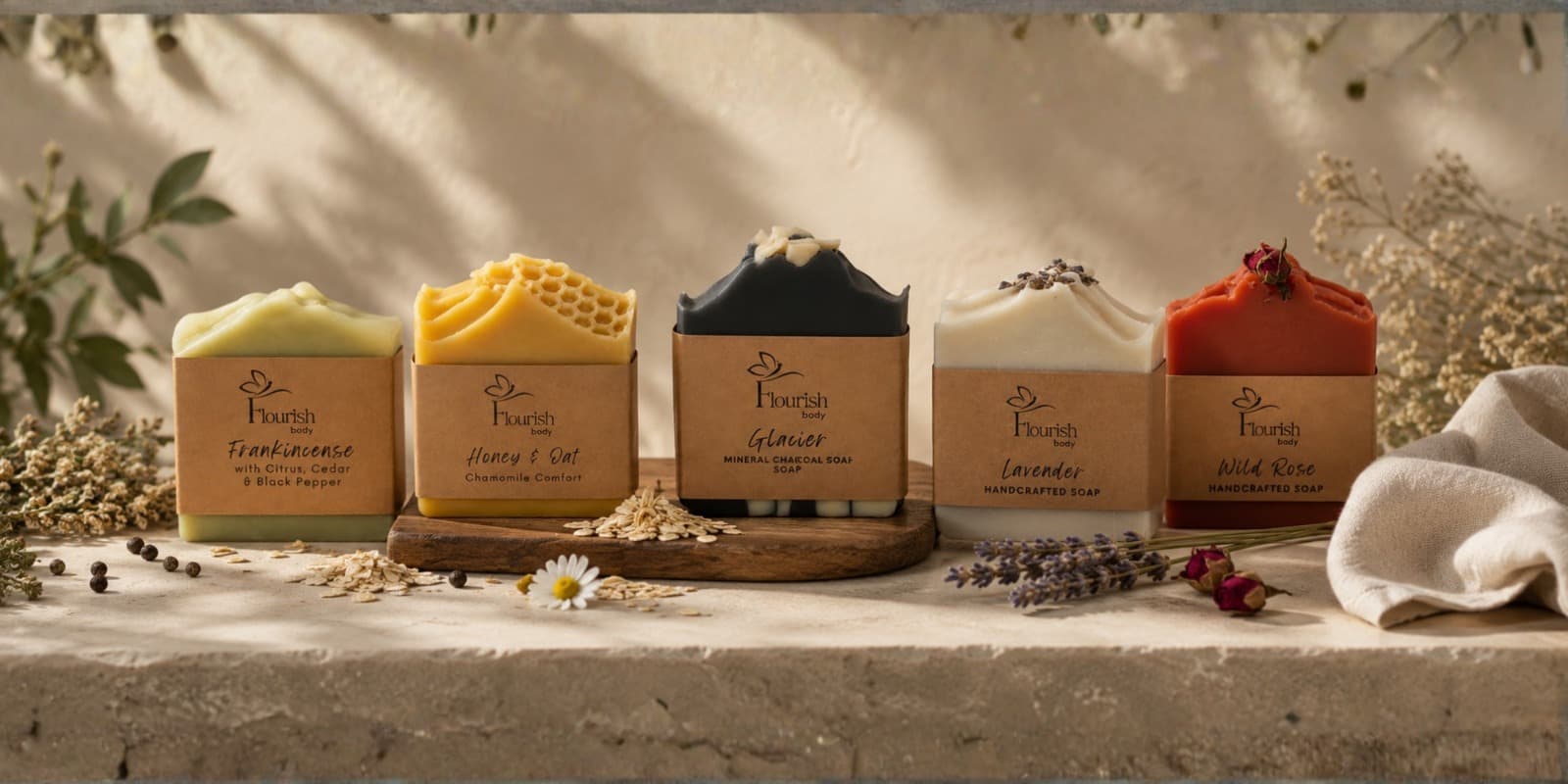 Five Flourish Life handcrafted soaps — Frankincense, Honey & Oat, Glacier, Lavender and Wild Rose — on a stone ledge with dried flowers